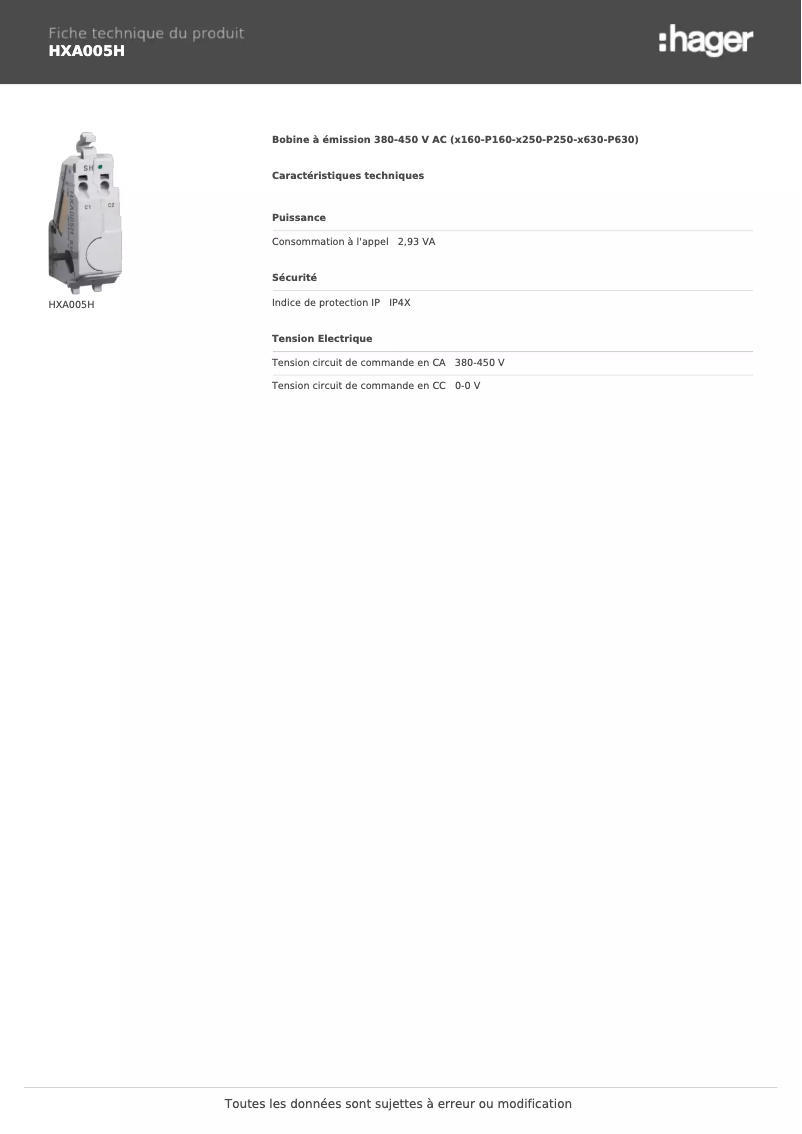 Page n°1 - Fiche technique Hager HXA005H