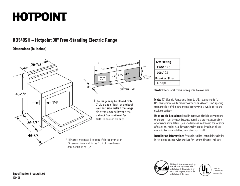 Page n°1 - Fiche technique Hotpoint RB540SHSA