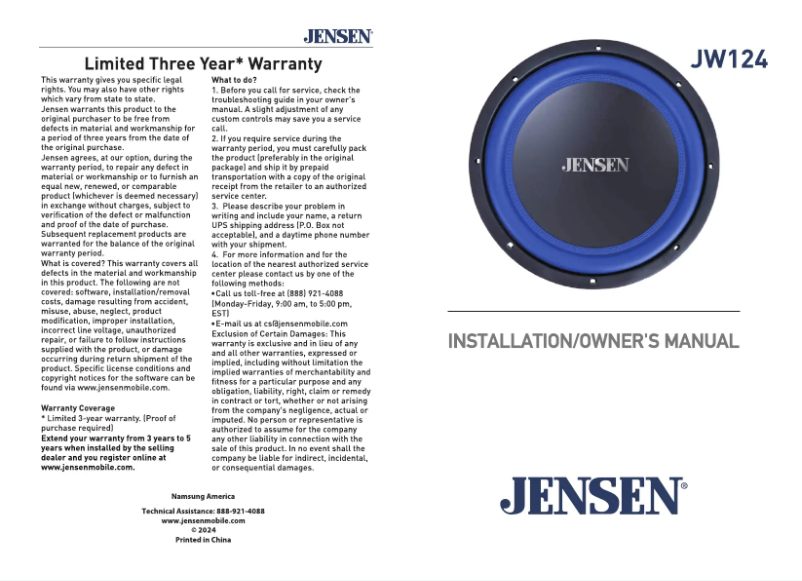 Page n°1 - Manuel utilisateur Jensen JW124