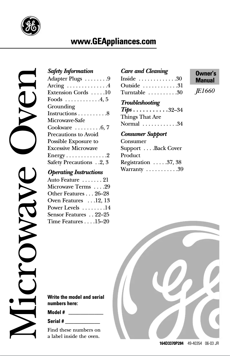 Page n°1 - Manuel d'utilisation et d'entretien GE Profile JE1660WB