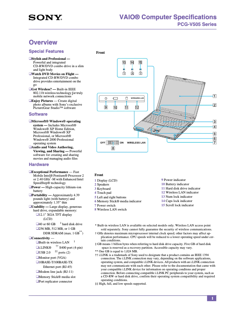 Page n°1 - Manuel utilisateur Sony Vaio PCG-V505BC