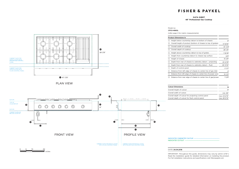 Page 1 de la notice Fiche technique Fisher & Paykel CPV2-486GLL