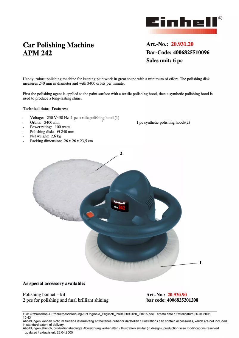 Page 1 de la notice Fiche technique Einhell APM 242