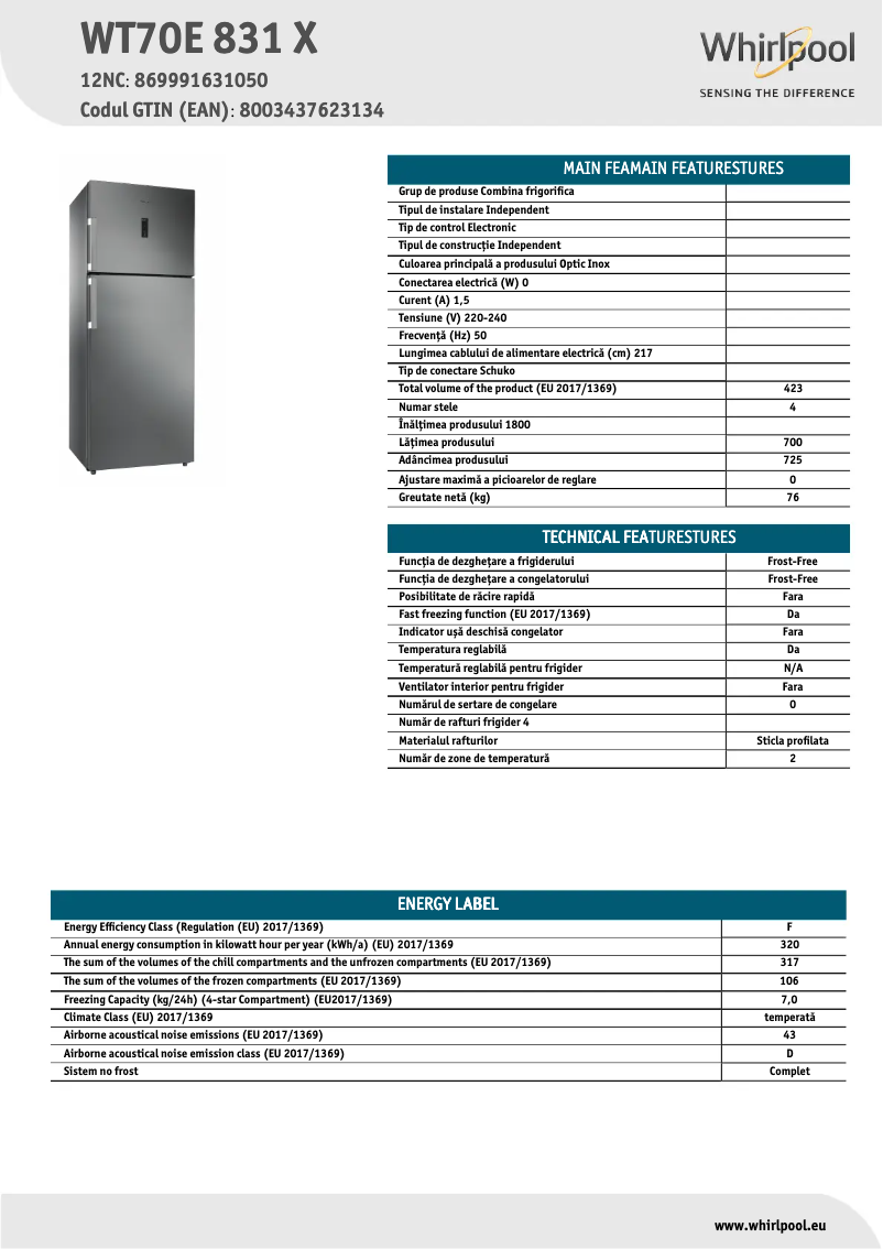 Page 1 de la notice Fiche technique Whirlpool WT70E 831 X