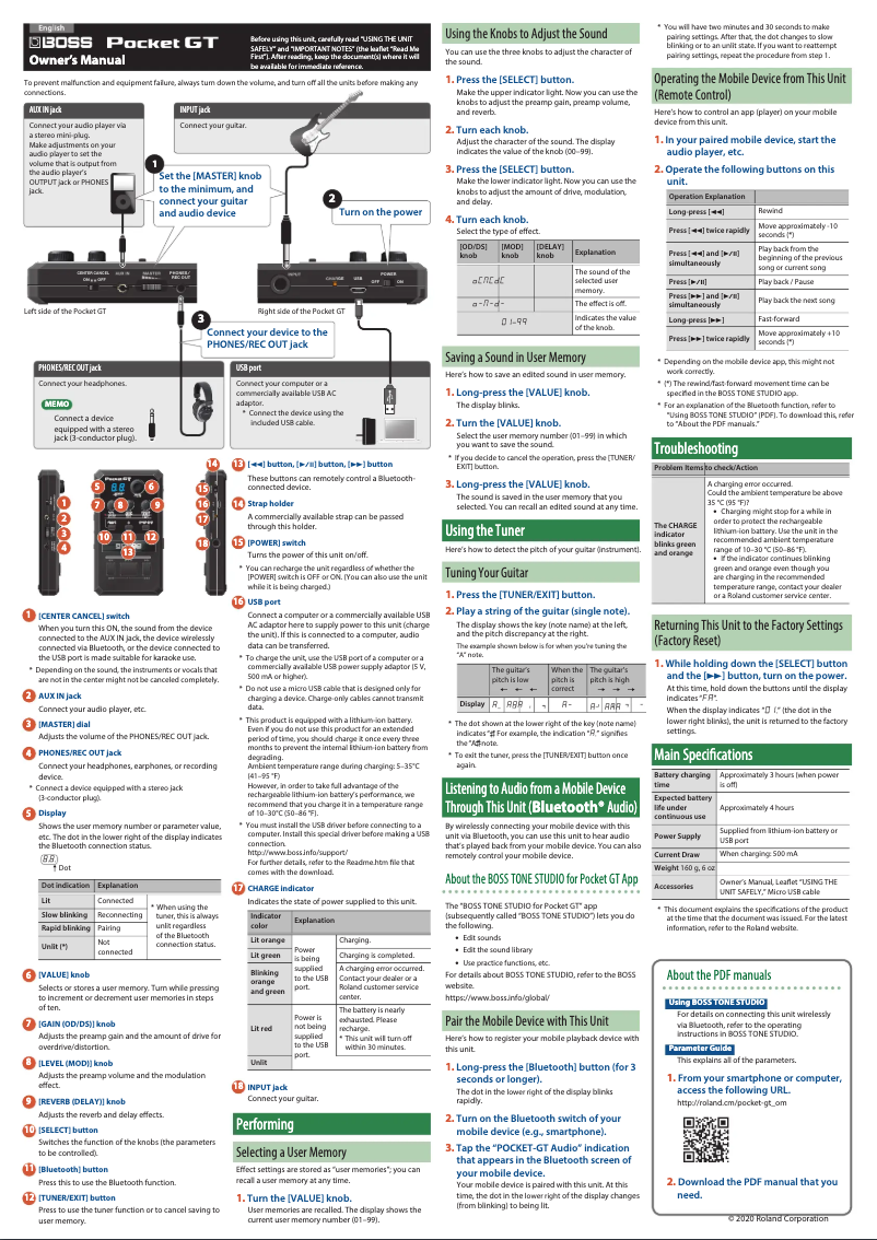 Page 1 de la notice Manuel utilisateur Boss Pocket GT
