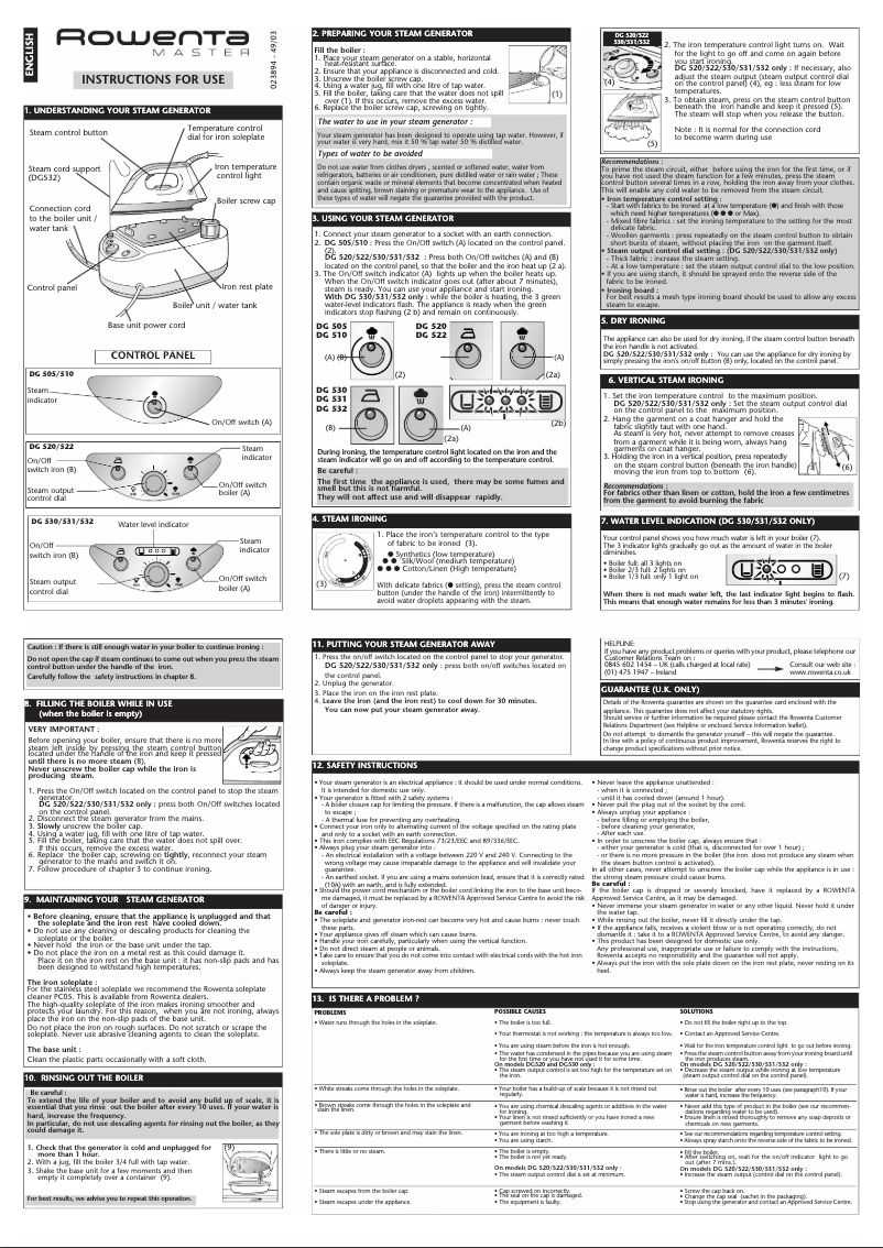 Page 1 de la notice Manuel utilisateur Rowenta Master DG 530