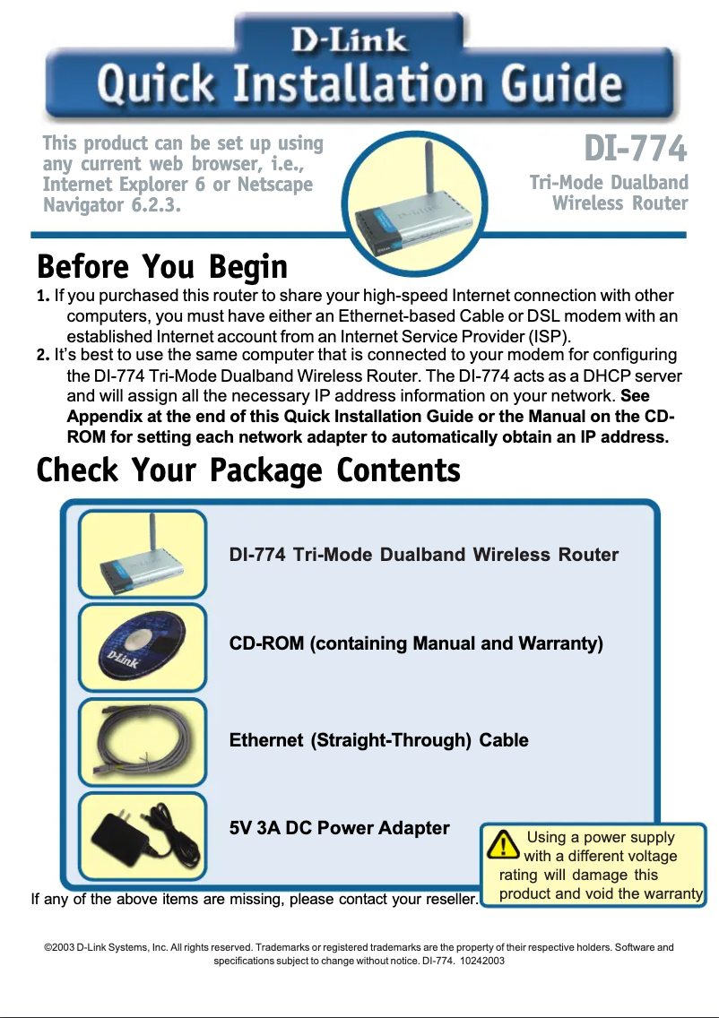 Page 1 de la notice Guide d'installation D-Link DI-774