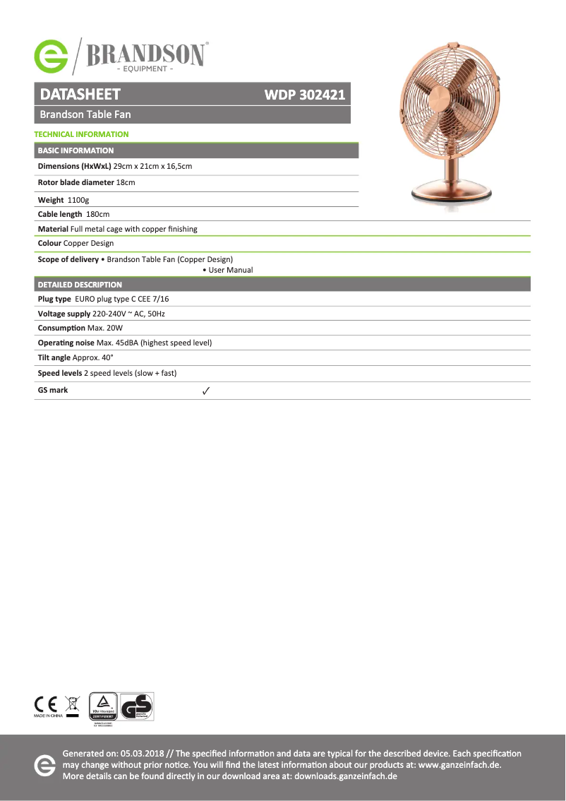 Page 1 de la notice Manuel utilisateur Brandson 303354