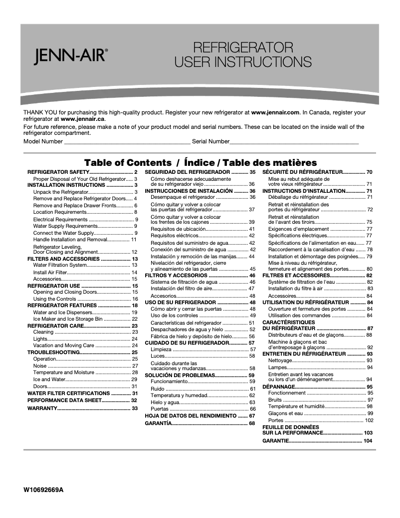 Page n°1 - Manuel d'utilisation et d'entretien JennAir JFX2897DRP