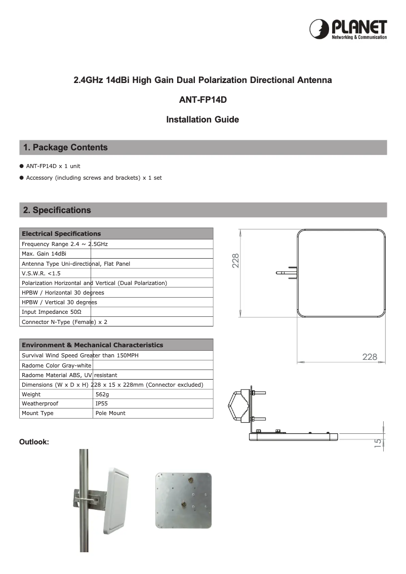 Page 1 de la notice Manuel utilisateur Planet ANT-FP14D