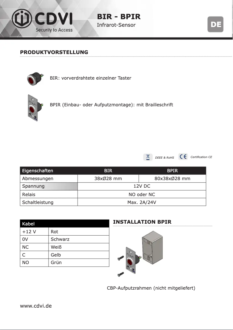 Page 1 de la notice Manuel utilisateur CDVI BPIR