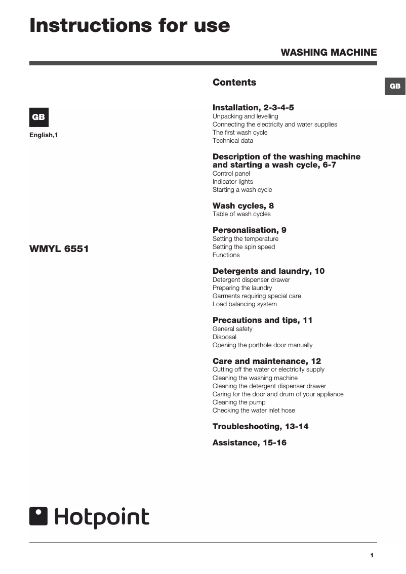 Page 1 de la notice Manuel utilisateur Hotpoint Ariston WMYL6551