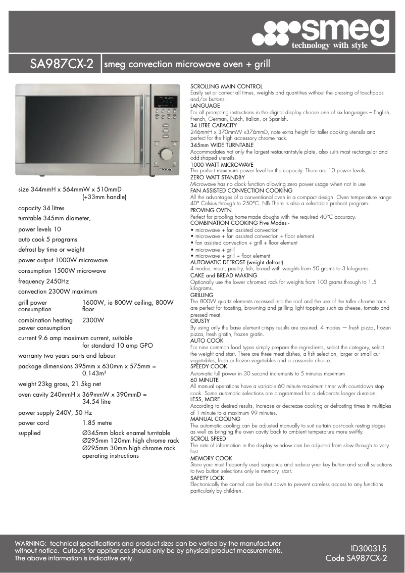 Page n°1 - Fiche technique Smeg SA987CX-2