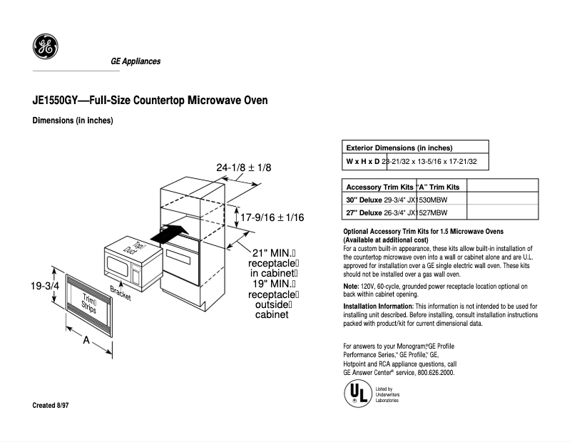 Page 1 de la notice Fiche technique GE JE1550GY