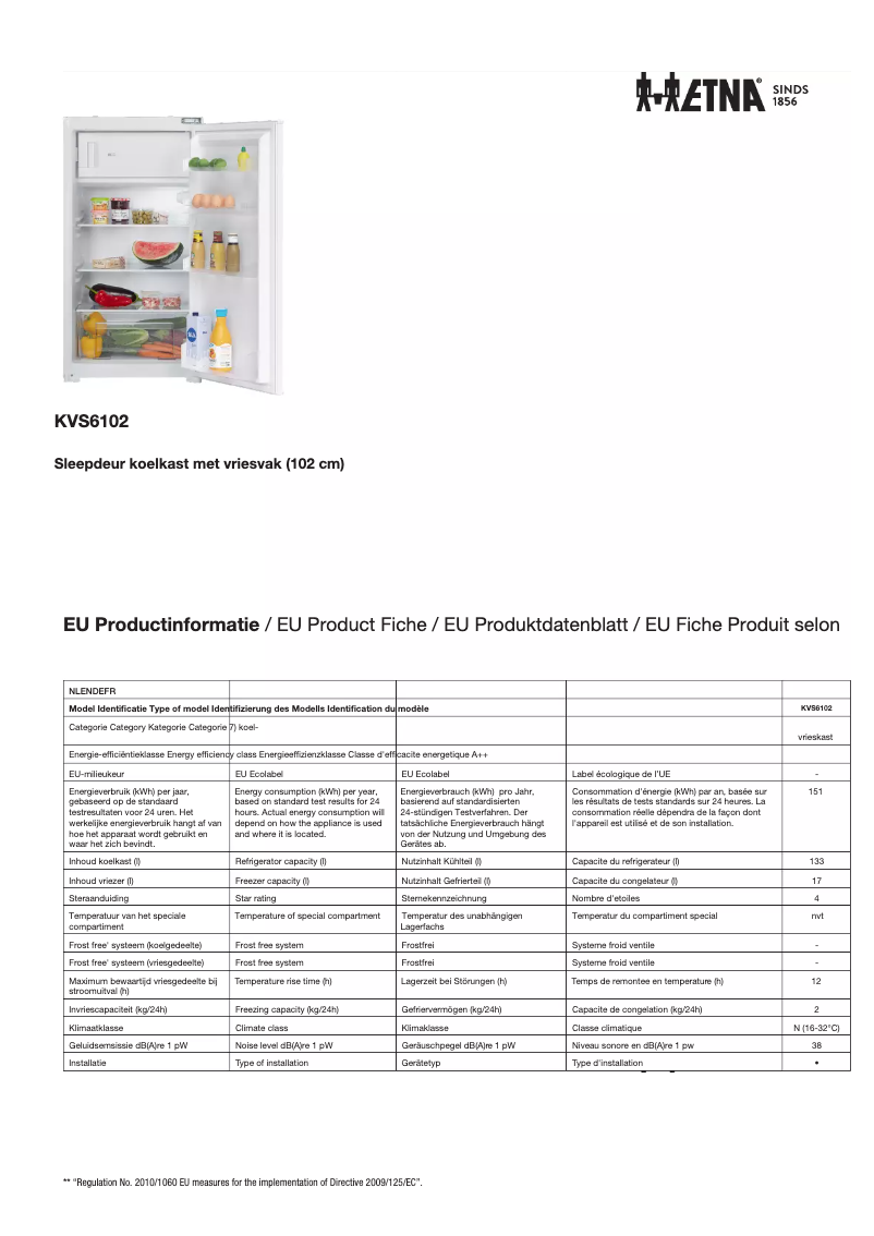 Page 1 de la notice Fiche technique Etna KVS6102