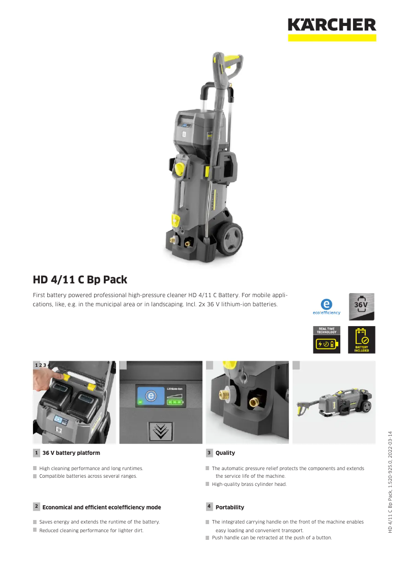 Page n°1 - Fiche technique Kärcher HD 4/11 C Bp Pack