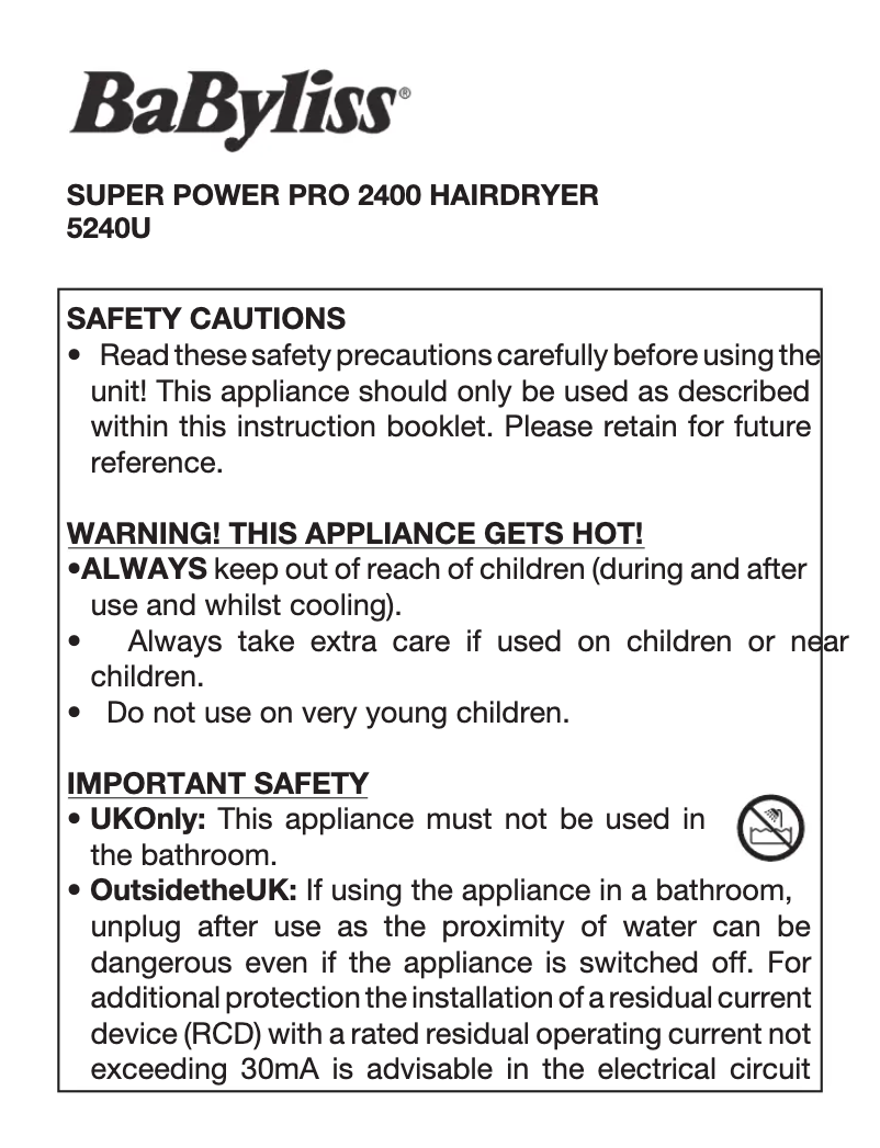 Page n°1 - Manuel utilisateur BaByliss Super Power 2400 5240U