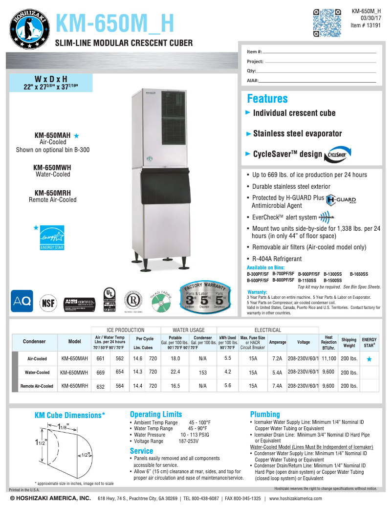 Page 1 de la notice Fiche technique Hoshizaki KM-650MRH