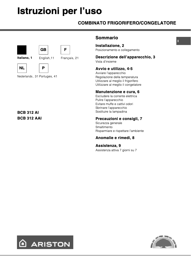 Page 1 de la notice Manuel utilisateur Ariston Thermo BCB312AAI