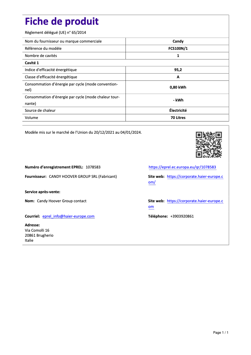 Page n°1 - Manuel utilisateur Candy FCS100N