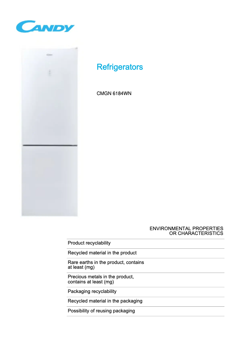 Page 1 de la notice Fiche technique Candy CMGN 6184WN