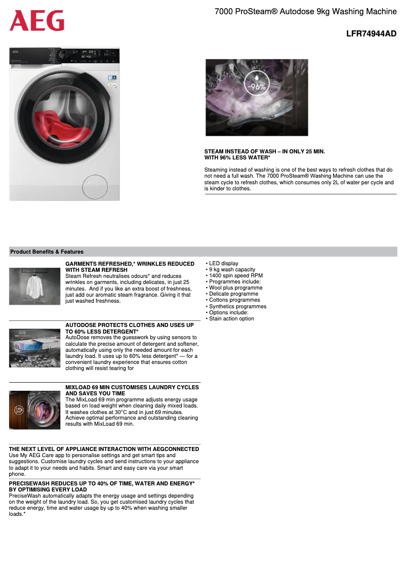 Page 1 de la notice Fiche technique AEG LFR74944AD