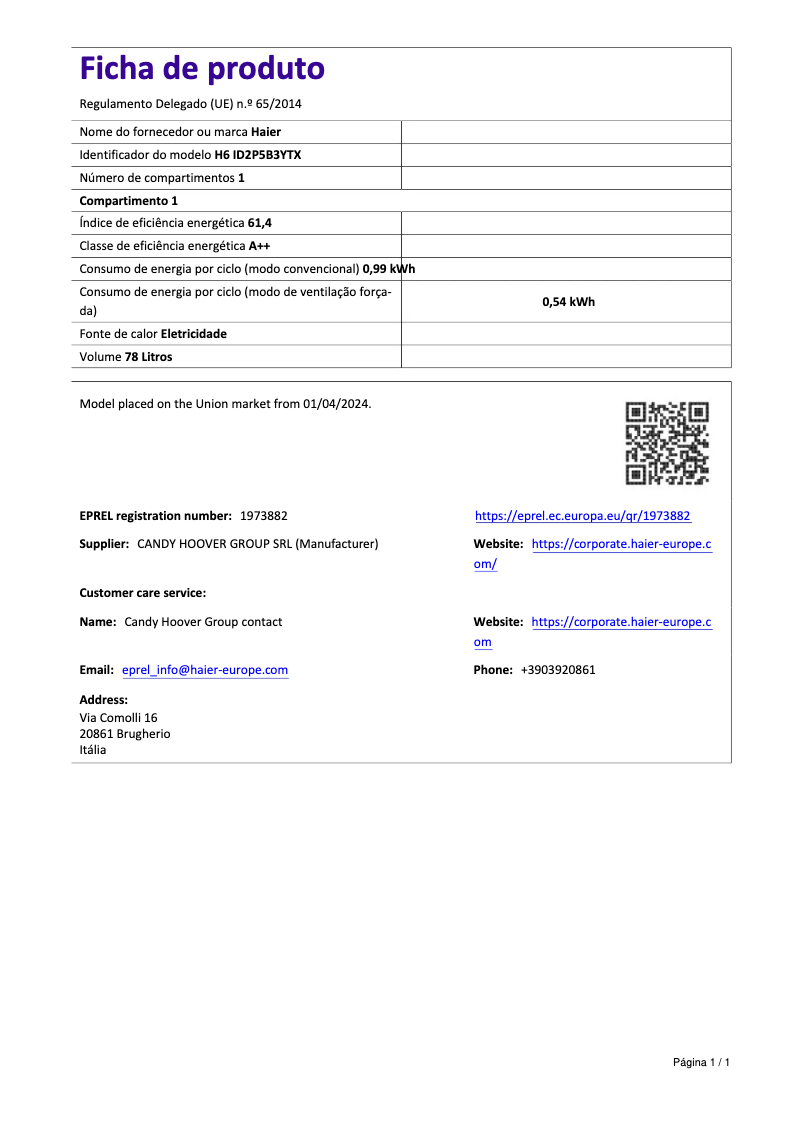 Page 1 de la notice Brochure Haier H6 ID2P5B3YTX