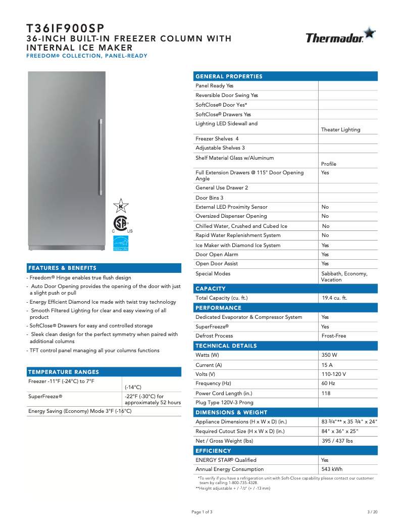 Página 1 del manual Ficha técnica Thermador T36IF900SP