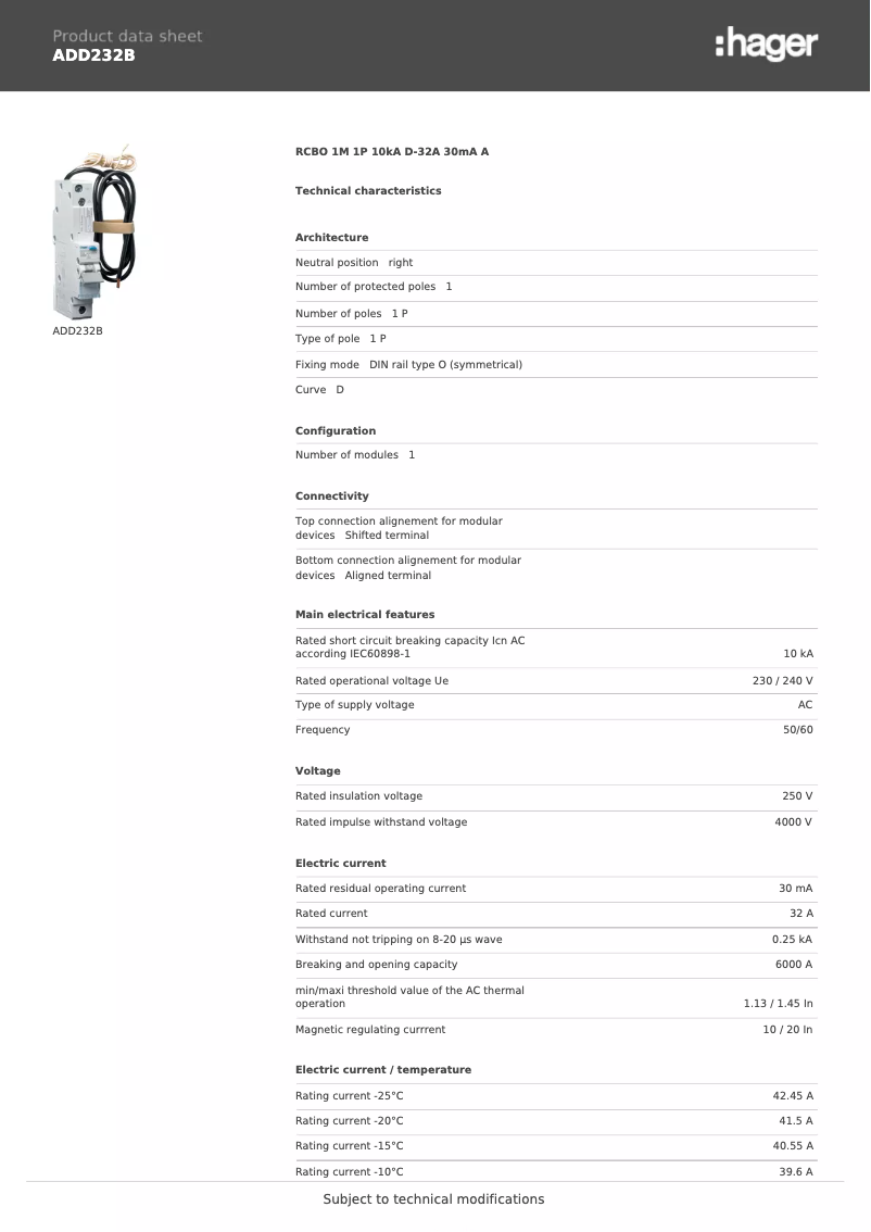 Página 1 del manual Ficha técnica Hager ADD232B
