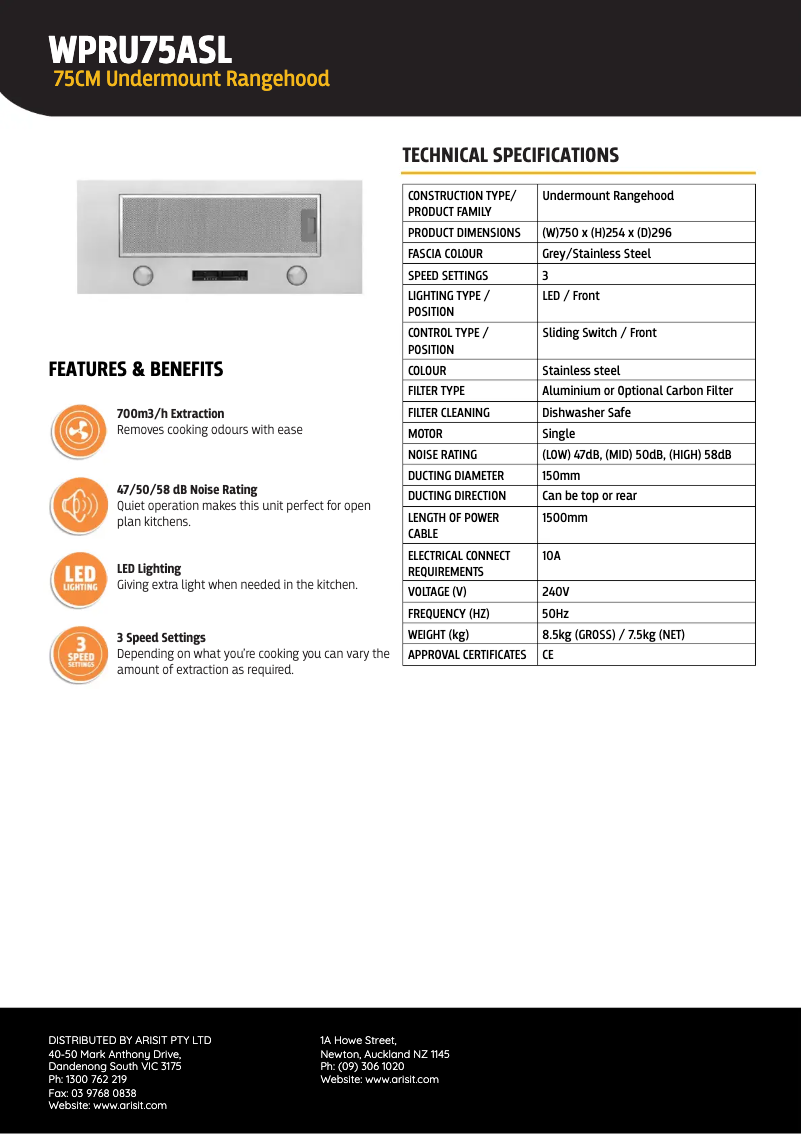 Page 1 de la notice Fiche technique Tisira WPRU75ASL
