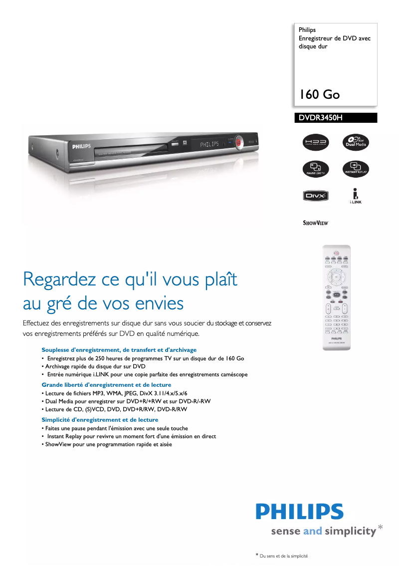 Page n°1 - Fiche technique Philips DVDR3450H