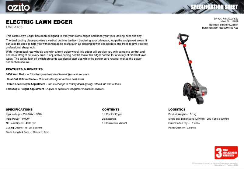 Página 1 del manual Ficha técnica Ozito LWE-1405