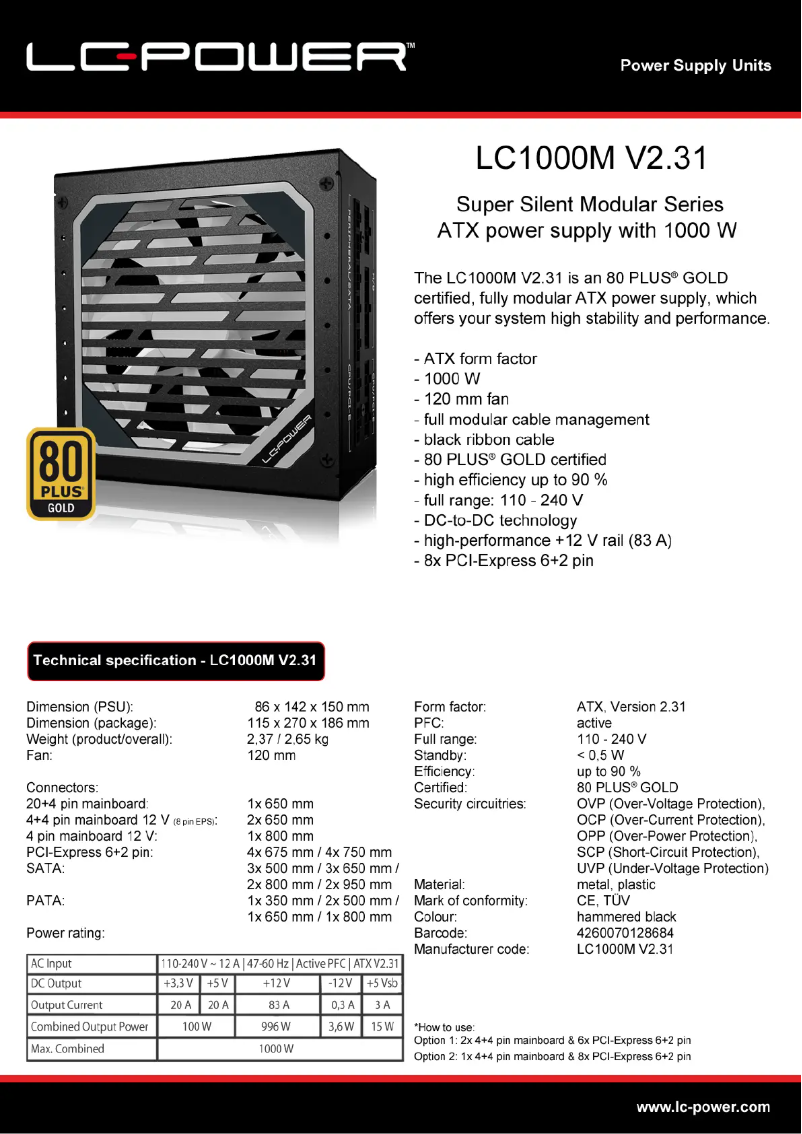 Page 1 de la notice Fiche technique LC-Power LC1000M V2.31