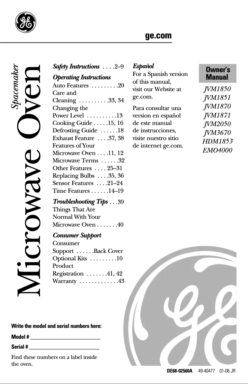 Page n°1 - Manuel d'utilisation et d'entretien GE Adora HDM1853WL