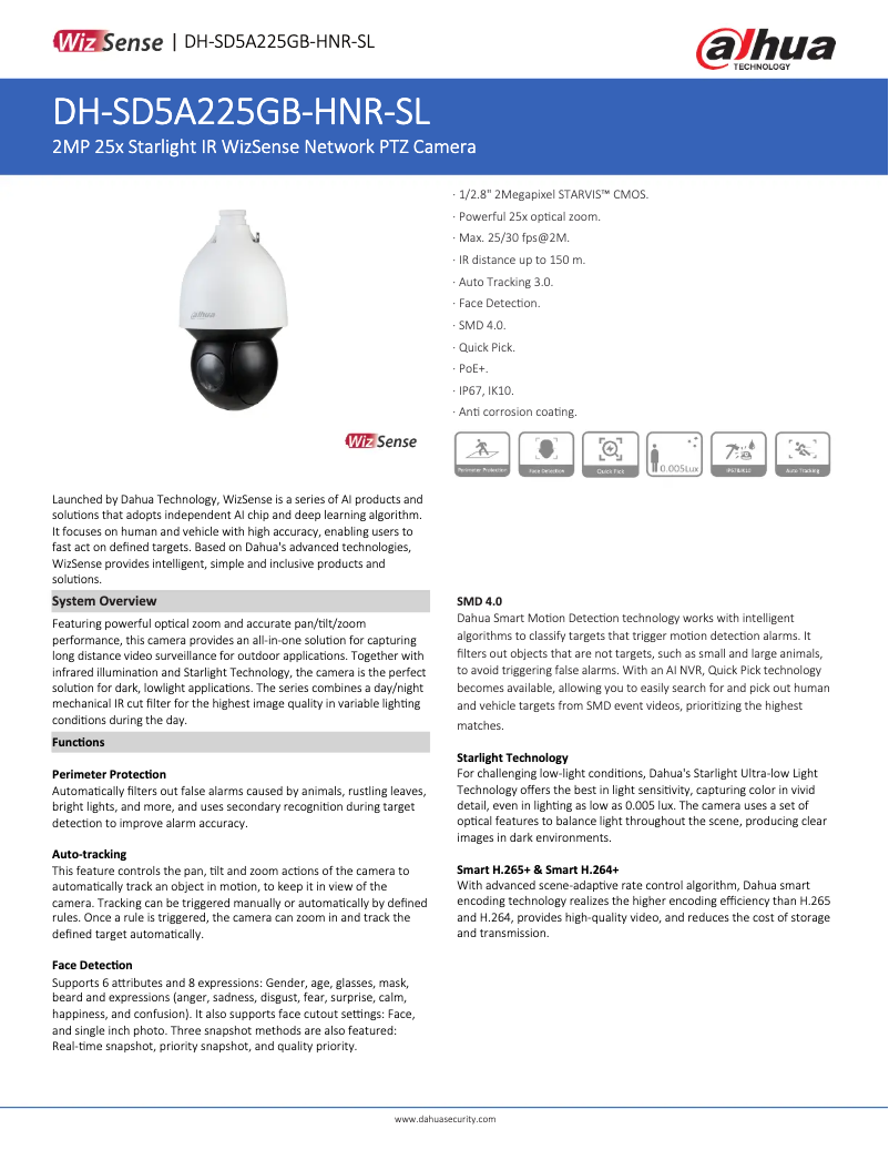 Page 1 de la notice Fiche technique Dahua Technology SD5A225GB-HNR-SL