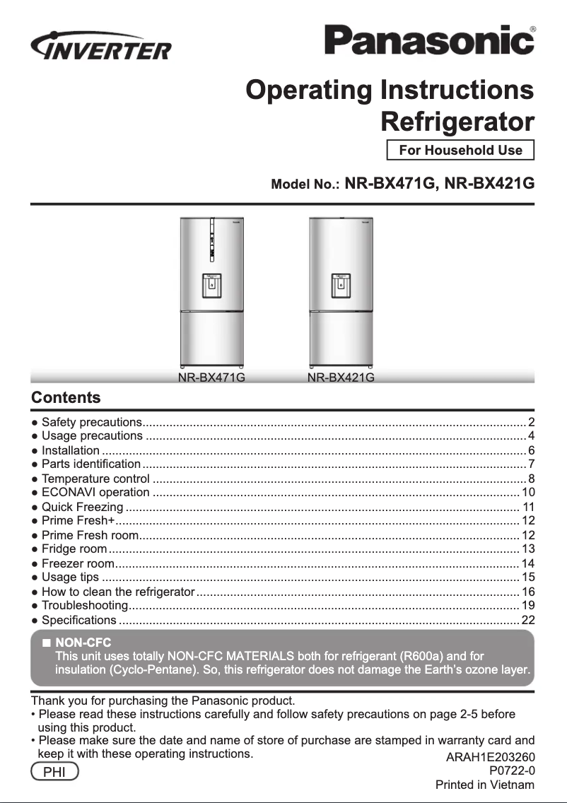 Page 1 de la notice Manuel utilisateur Panasonic NR-BX421G