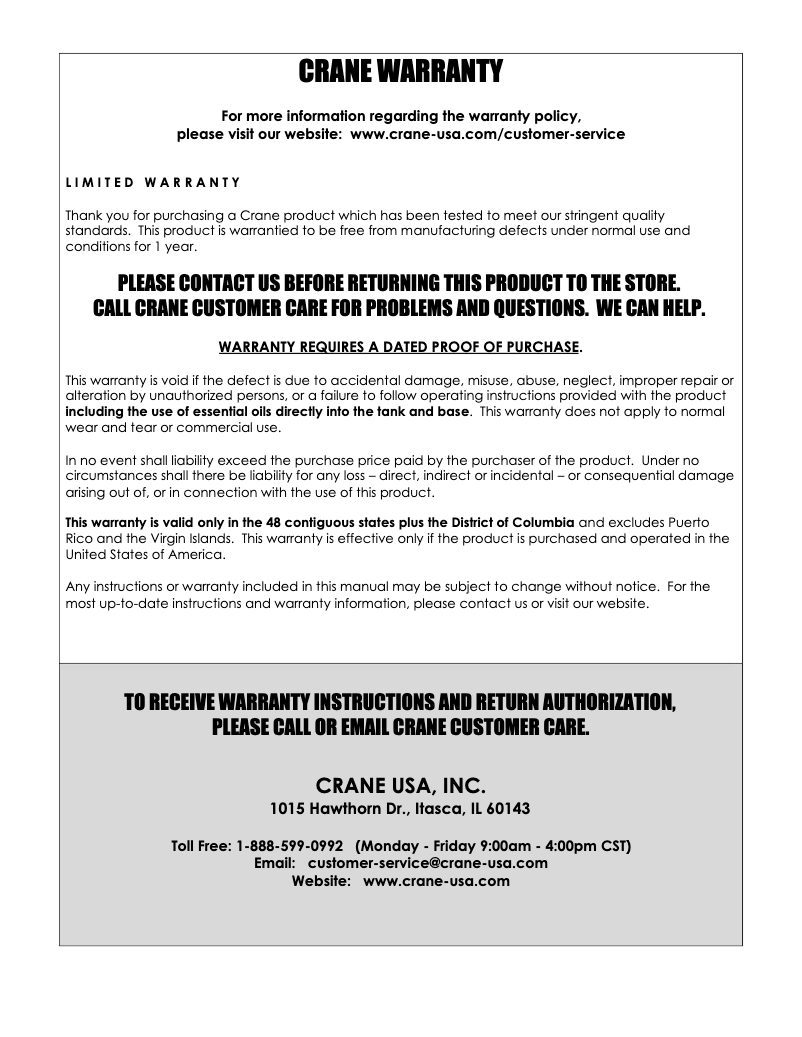 Page 1 de la notice Informations de garantie Crane EE-5301