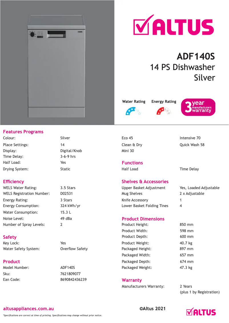 Página 1 del manual Ficha técnica Altus ADF140S