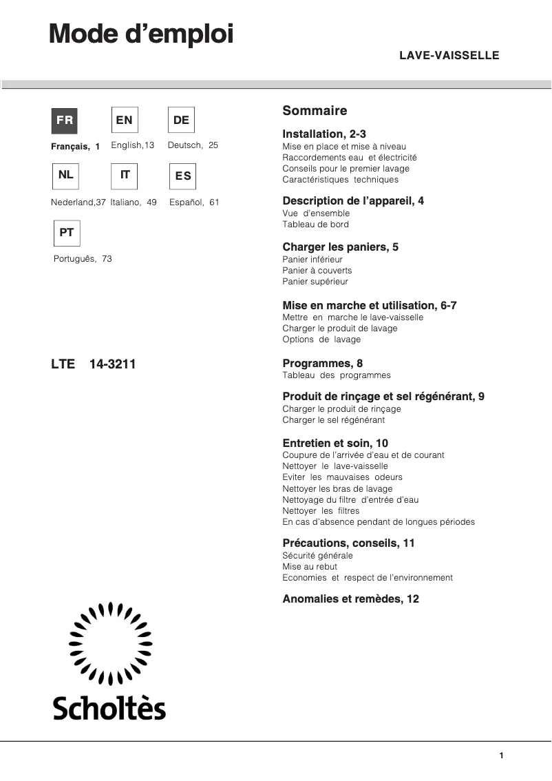 Page 1 de la notice Manuel utilisateur Scholtès LTE 14-3211
