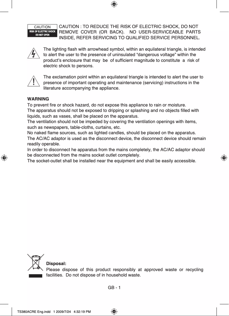 Página 1 del manual Manual de usuario Soundmaster TS380