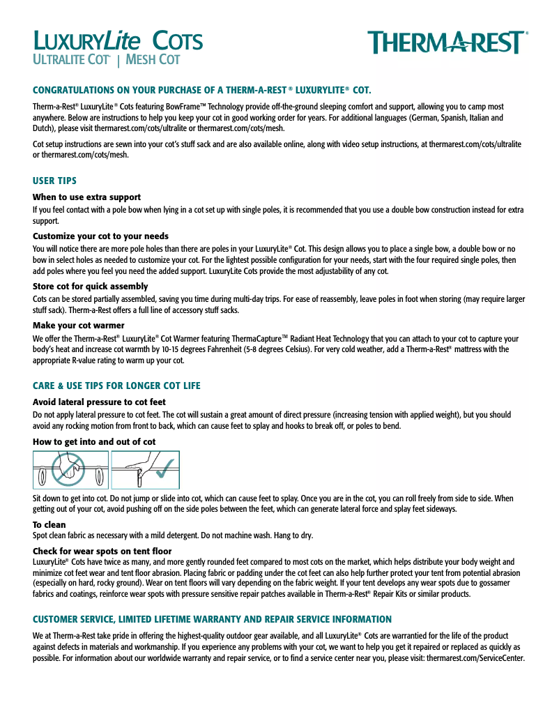 Page n°1 - Manuel utilisateur Therm-a-Rest Luxury Lite