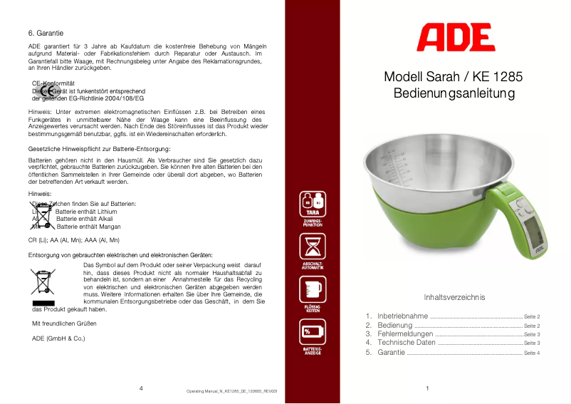 Page 1 de la notice Manuel utilisateur ADE Sarah KE 1285