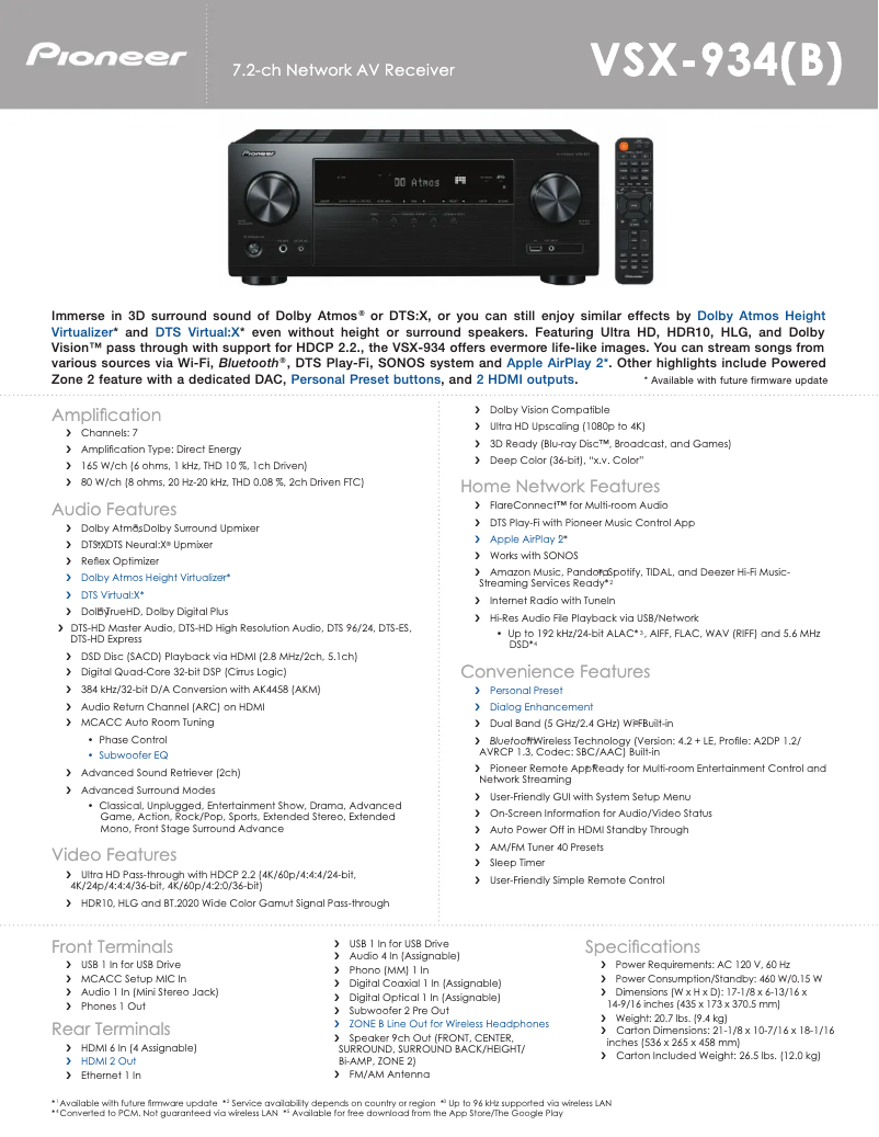Page n°1 - Fiche technique Pioneer VSX-934