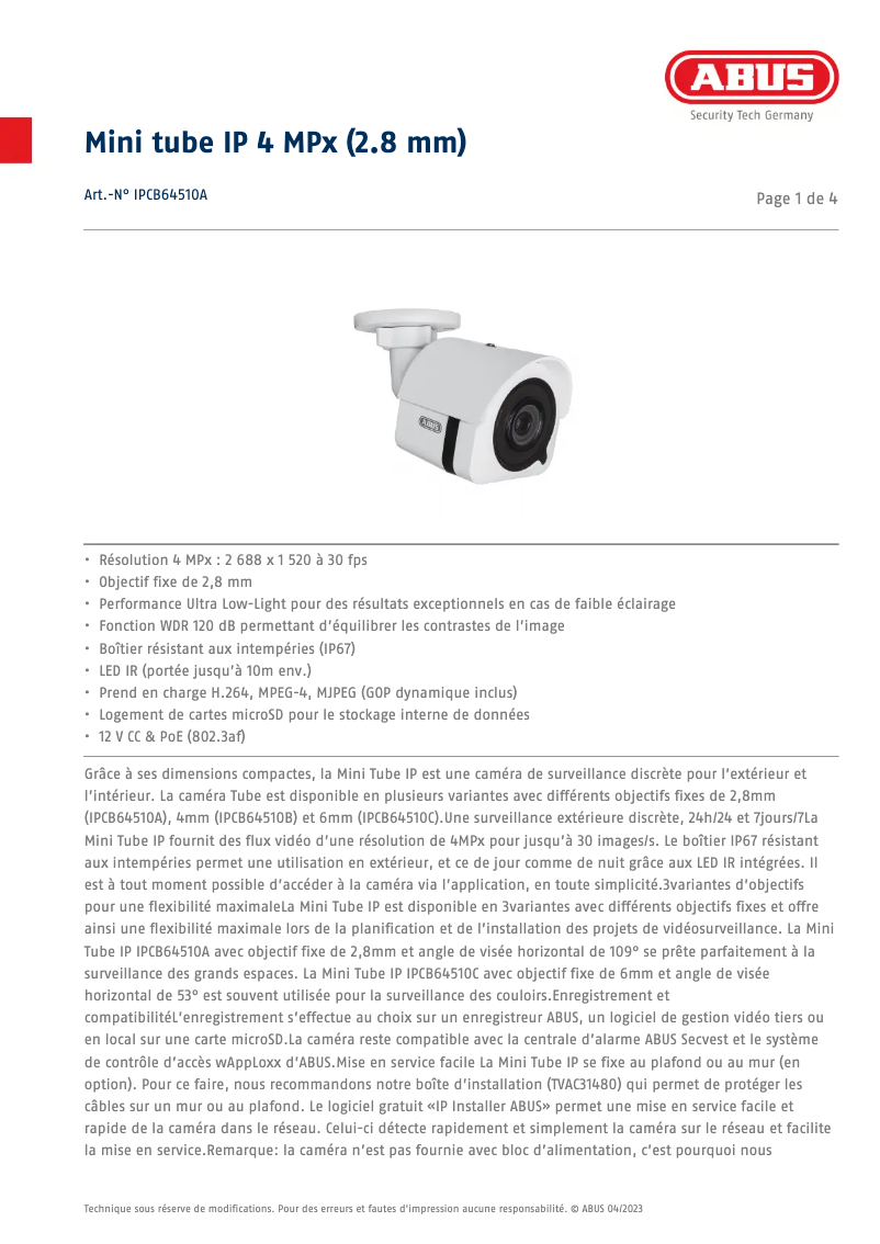 Page 1 de la notice Fiche technique Abus IPCB64510A