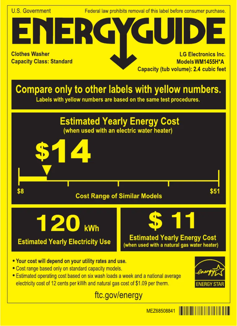 Page 1 de la notice Label énergétique LG WM1455HWA