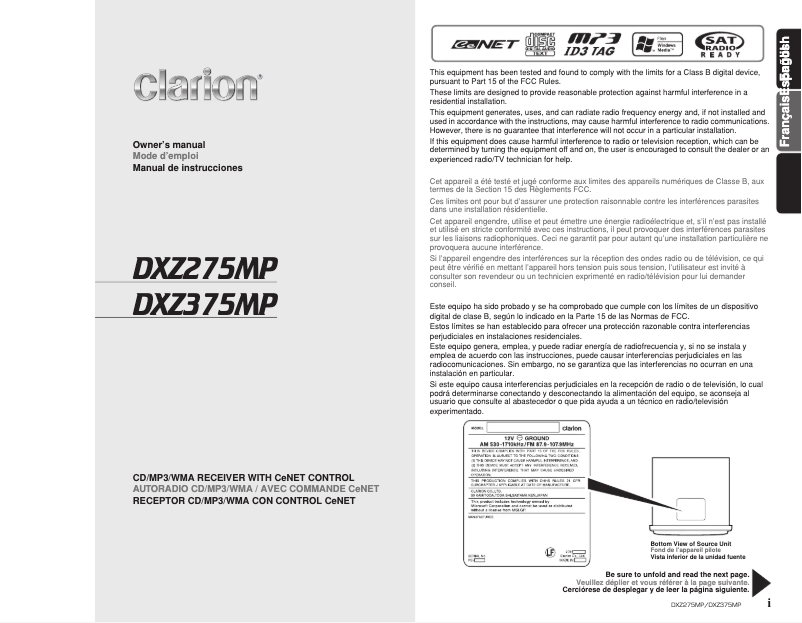 Page n°1 - Manuel utilisateur Clarion DXZ275MP