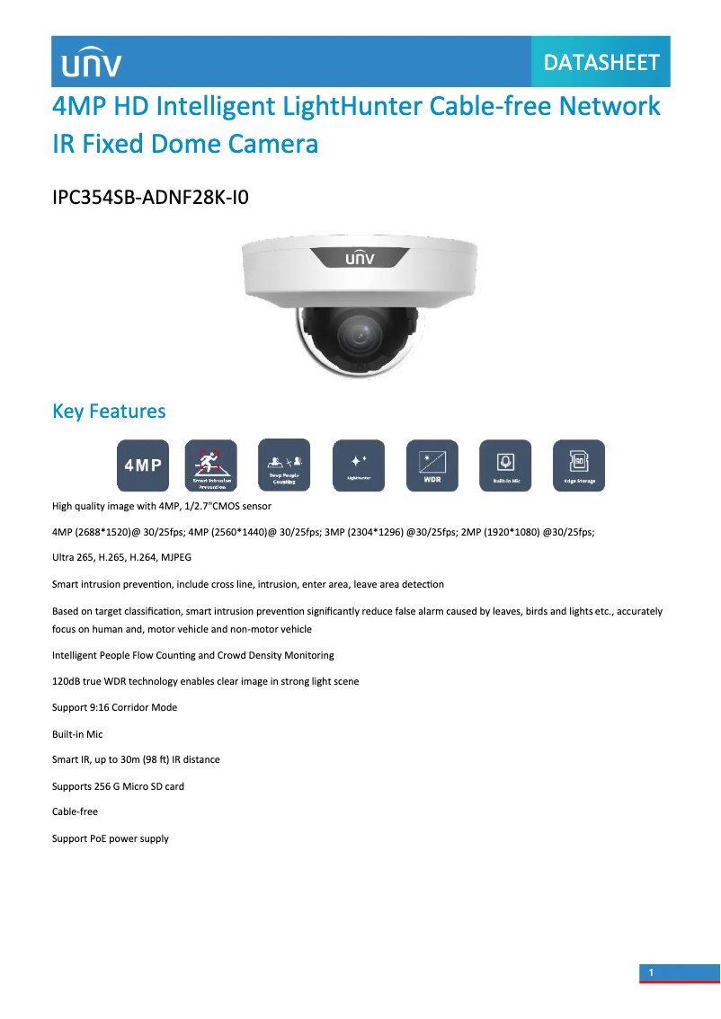 Página 1 del manual Ficha técnica UniView IPC354SB-ADNF28K-I0