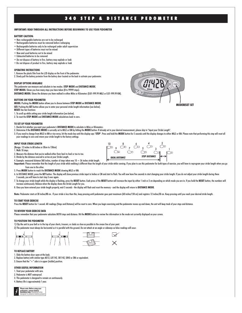 Page n°1 - Manuel utilisateur Sportline Distance 340