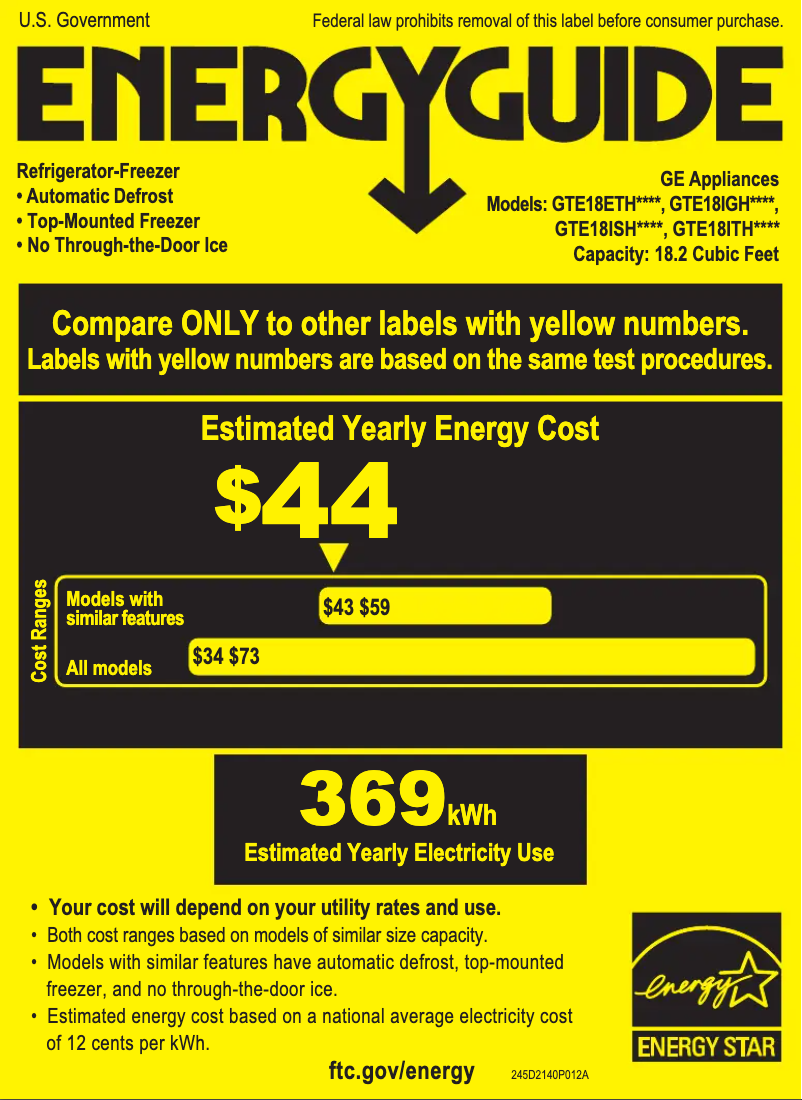 Page 1 de la notice Label énergétique GE GTE18ITHBB