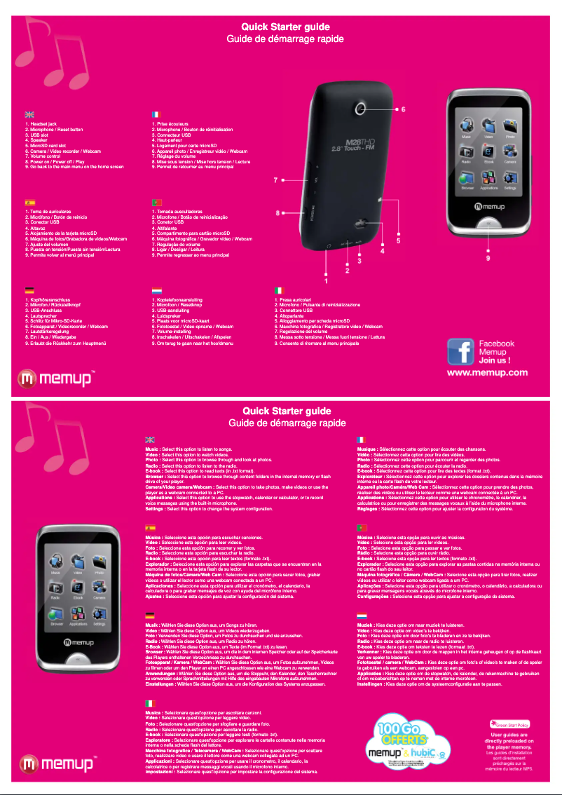 Page 1 de la notice Guide de démarrage rapide Memup M28T HD